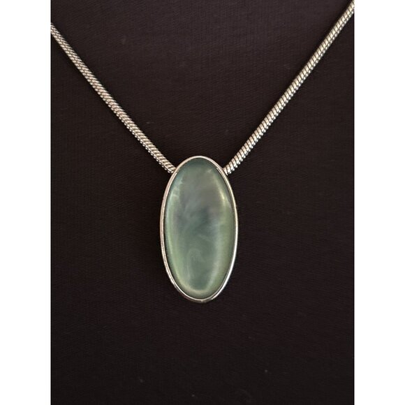 Monet Green Oval Stone (Glass?) Earrings & Necklace Set In Silver Tone - Picture 4 of 7